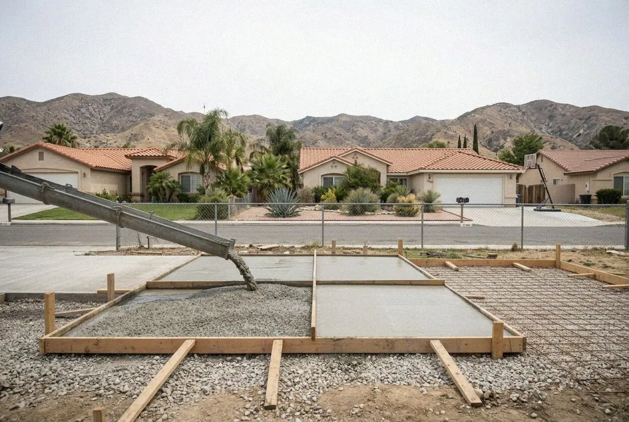 A finished concrete slab behind a house on the Colton flats