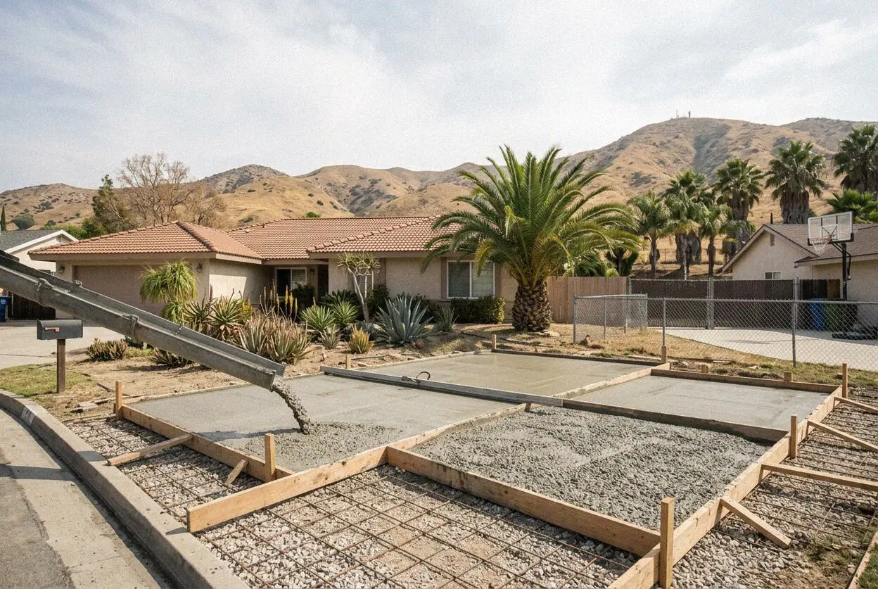 A replaced concrete driveway on a hillside street in Diamond Bar