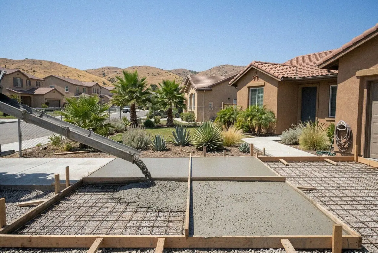 A new concrete patio behind a 2000s tract home in Eastvale
