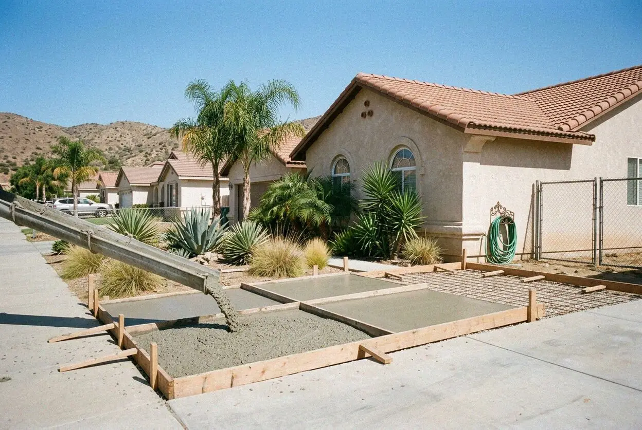 A concrete drive being poured on a large rural parcel in Lake Mathews