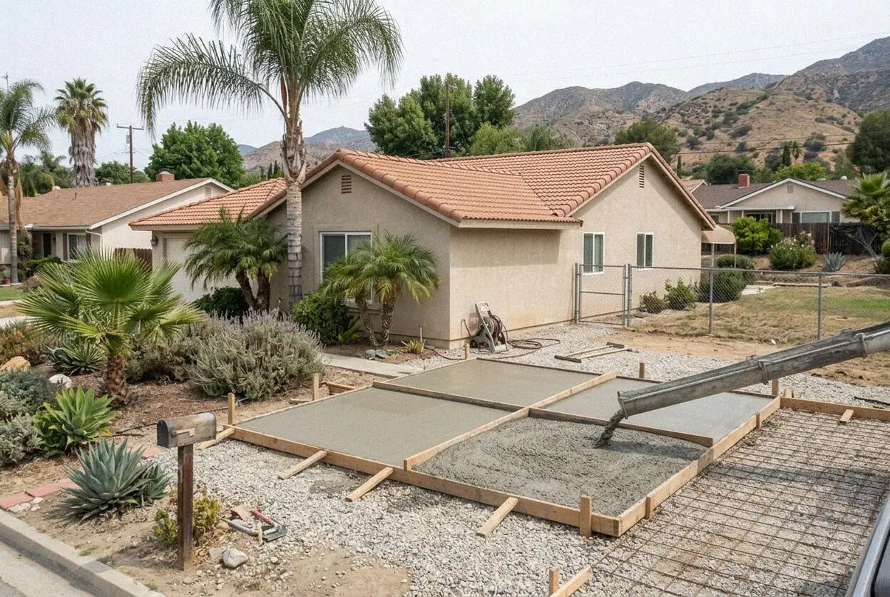 A concrete driveway being replaced outside a 1950s Montclair house