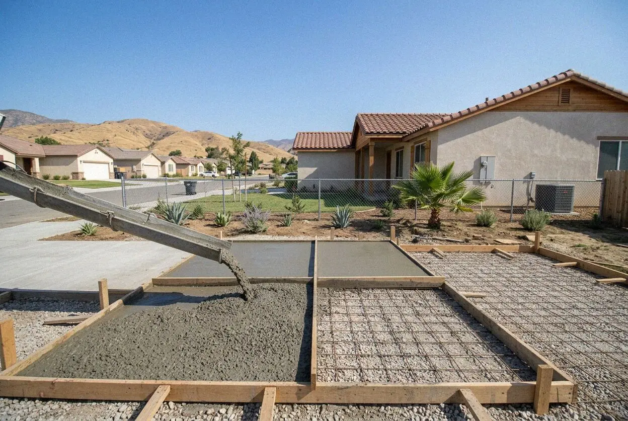A new concrete driveway beside a Craftsman home in Redlands