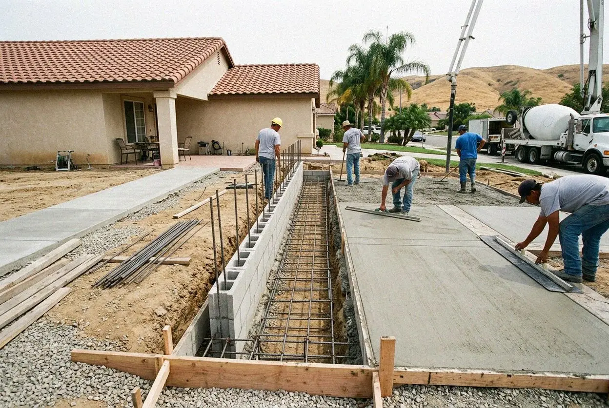 Crew digging a concrete footing trench at a home in Jurupa Valley