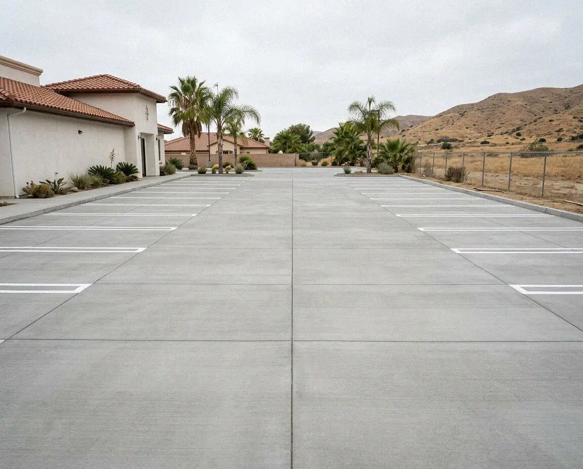Striped concrete parking lot at a Jurupa Valley commercial site