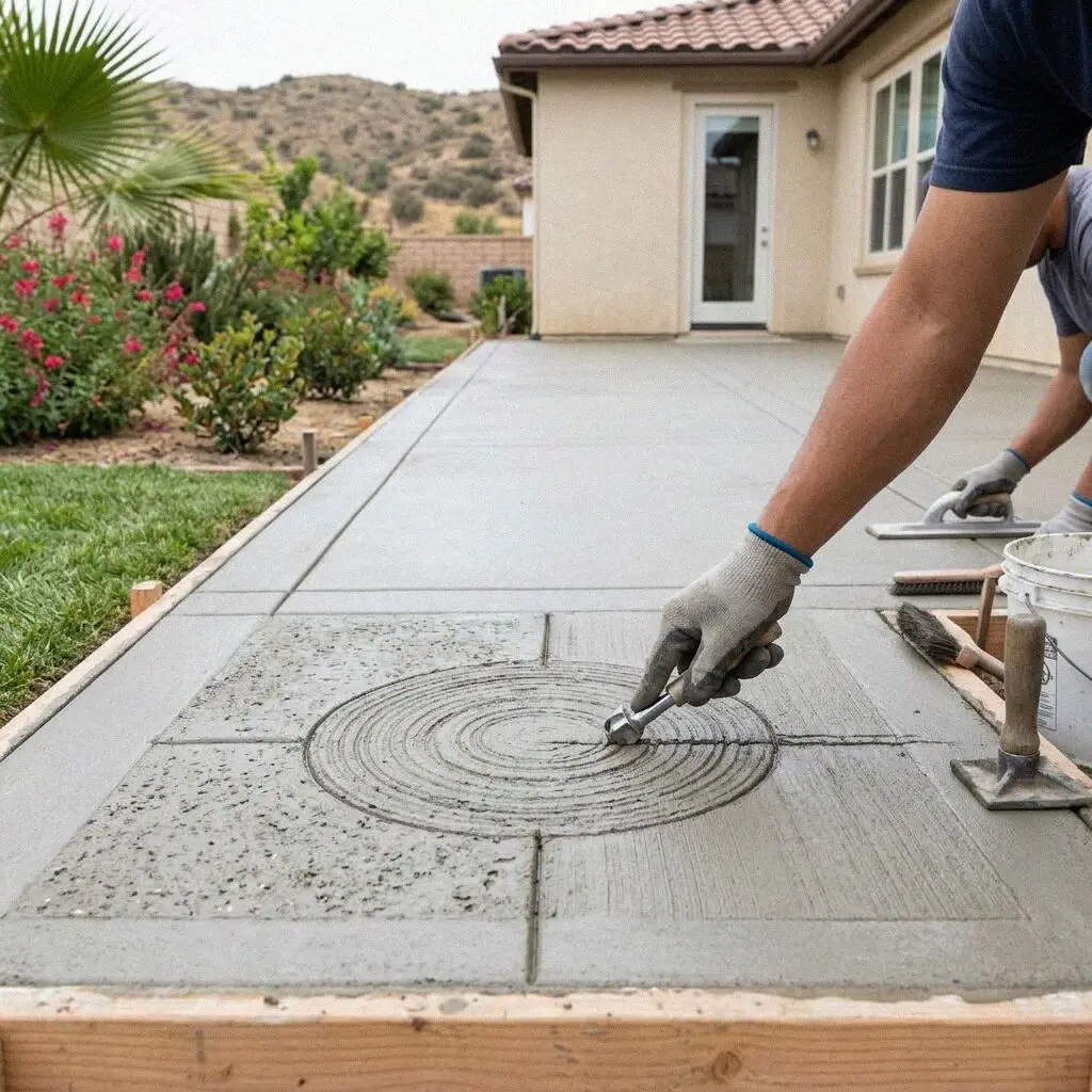 The crew floating a wide concrete patio slab at a Jurupa Valley home