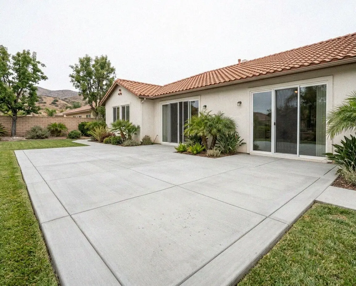 A wide sand-colored concrete patio behind a Jurupa Valley home