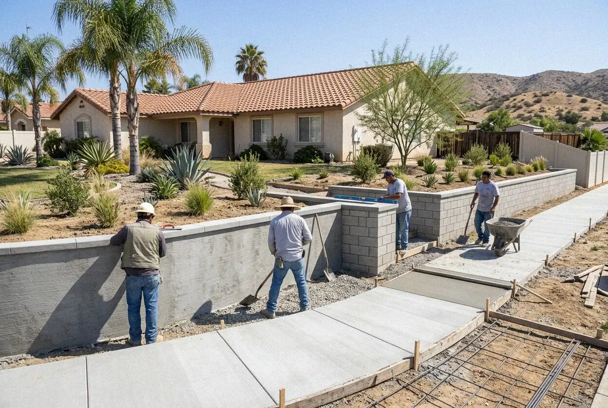 Crew forming a concrete retaining wall on a Jurupa Valley slope