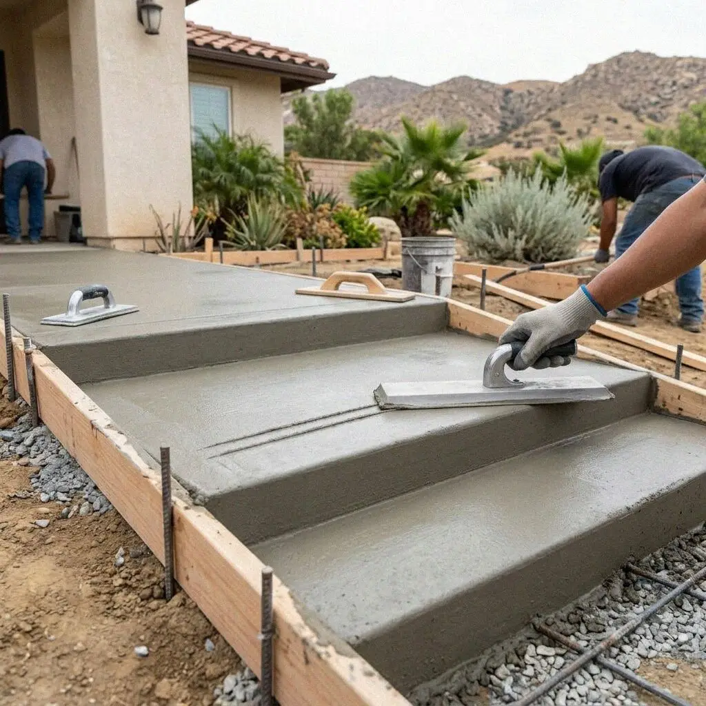 Crew forming the risers of a new step flight in Jurupa Valley, CA
