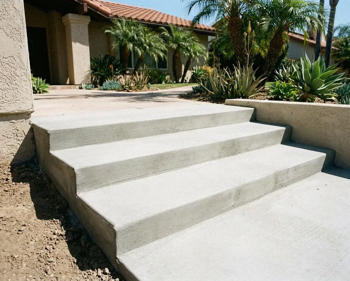 A rebuilt concrete step flight and handrail at a Jurupa Valley, CA home