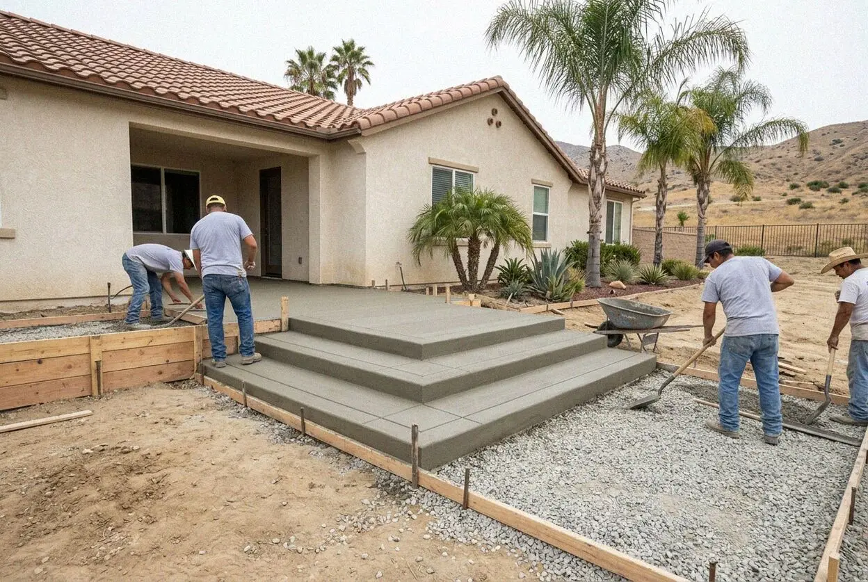 A new concrete step flight climbing to a raised house pad in Jurupa Valley, CA