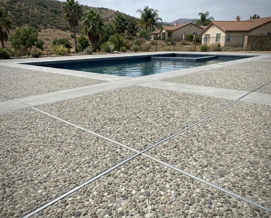 Washed aggregate and stained concrete at a Jurupa Valley home