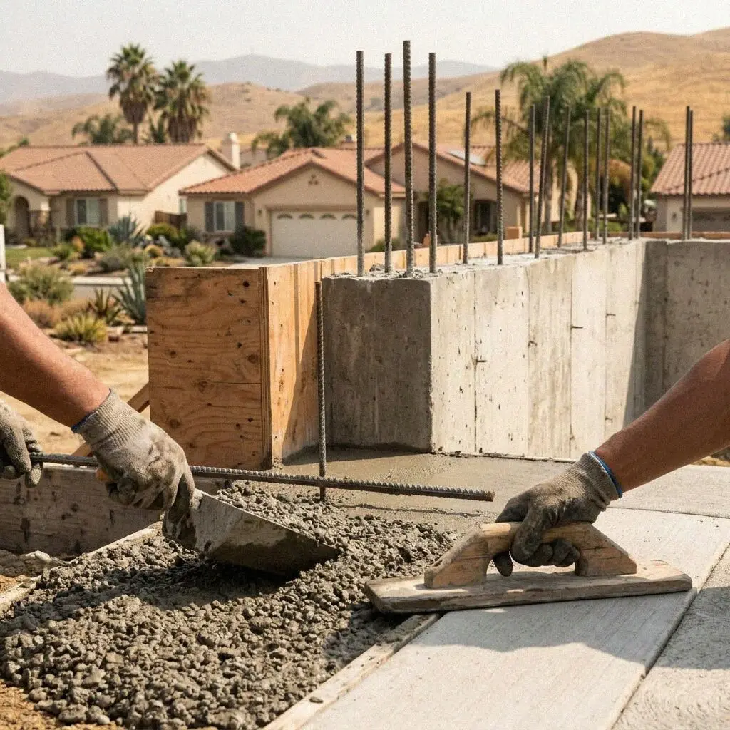 Crew forming a new perimeter foundation wall at a Jurupa Valley home