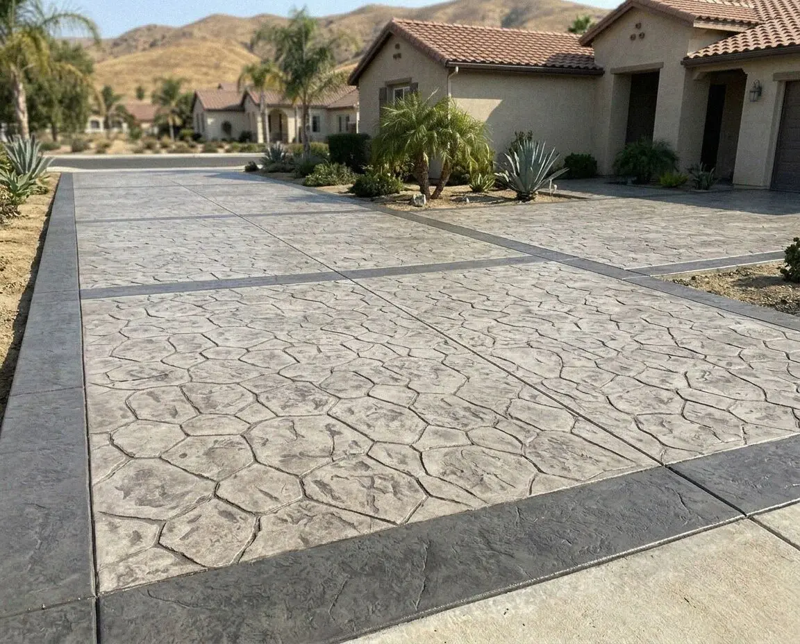 Stamped concrete patio in a slate pattern at a Jurupa Valley home